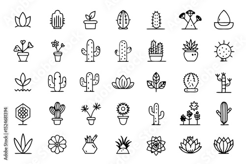 Collection of line icons depicting cactus aloe vera and botany elements isolated on transparent background