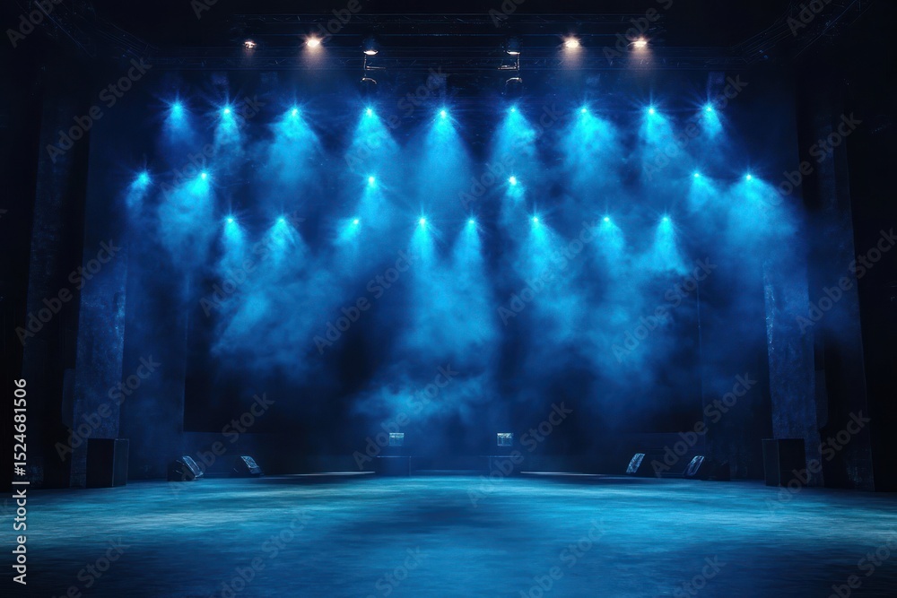 Naklejka premium Empty stage illuminated by multiple blue spotlights with mist creating a mysterious and dramatic atmosphere