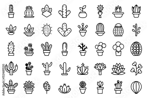 Collection of line icons depicting cactus aloe vera and botany elements isolated on transparent background