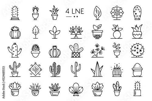 Collection of line icons depicting cactus aloe vera and botany elements isolated on transparent background