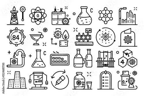 Collection of line icons for chemical engineering and chemistry professionals isolated on transparent background