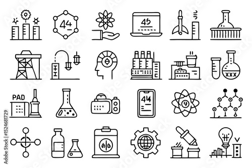 Collection of line icons for chemical engineering and chemistry isolated on transparent background