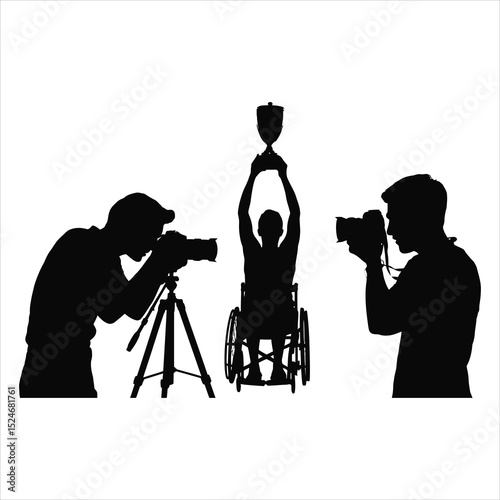 Wheelchair athlete winning trophy photographed by two photographers