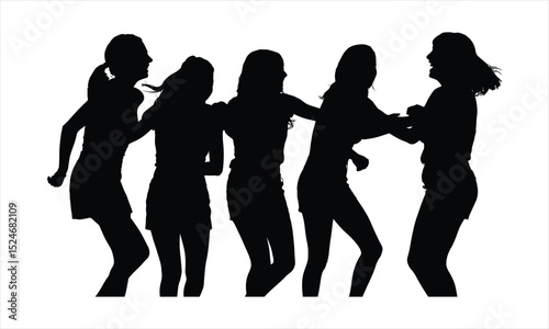 Silhouette of five happy young women dancing together