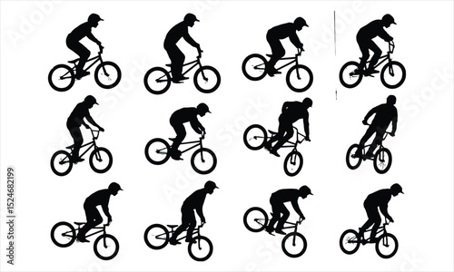 Twelve silhouettes of bmx riders performing tricks