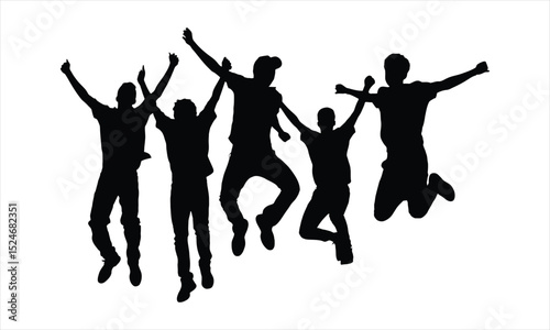 Silhouette of five friends joyfully jumping together