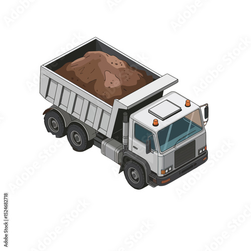 Isometric illustration of a fully loaded dump truck transporting earth for construction or demolition projects with white background