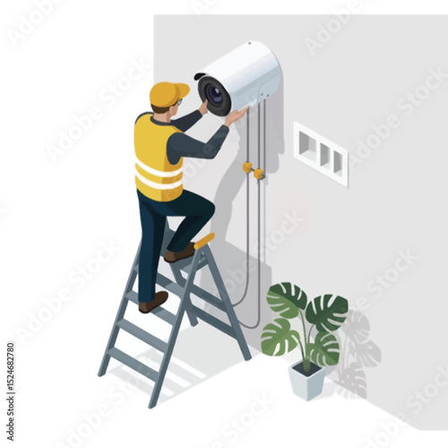 Isometric illustration of a technician installing a security camera on a wall for enhanced surveillance and home protection services.
