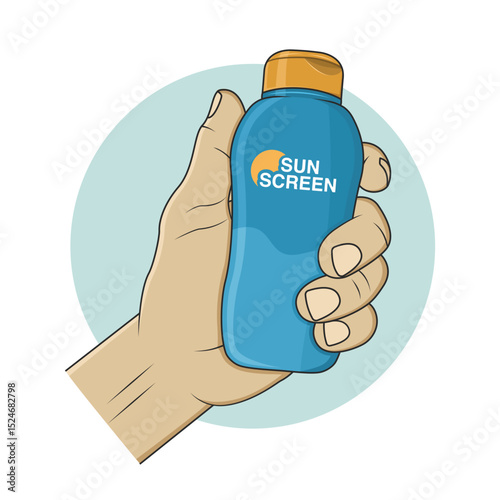 Hand holding sunscreen cream. Vector illustration