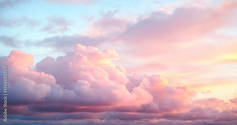 Naklejka premium Soft pastel-colored clouds glowing with pink, purple, and orange hues during a serene sunset sky