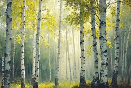 Sunlit birch forest with tall white trunks and vibrant yellow-green foliage creating a serene and peaceful natural scene