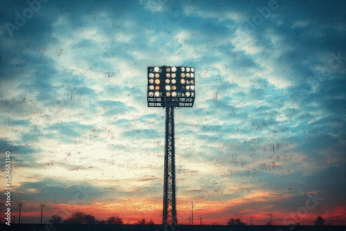 Tall stadium floodlight tower illuminated against a cloudy sunset sky with soft orange and blue hues and silhouetted trees on the horizon
