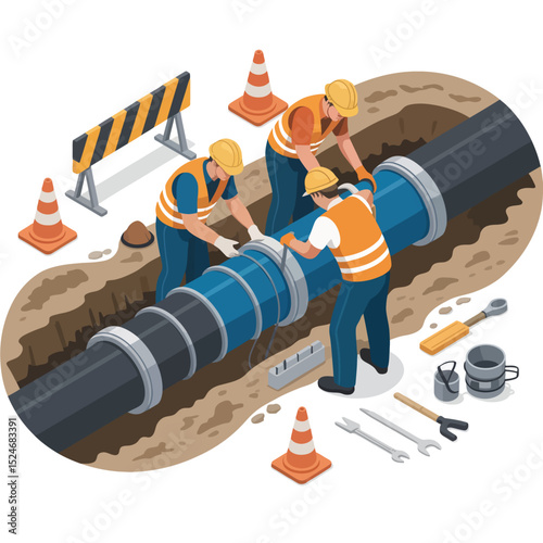 Isometric illustration of plumbers repairing water pipe infrastructure in a trench with safety cones and tools