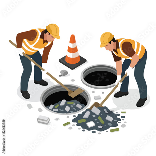 Isometric illustration of sewer workers inspecting and cleaning a sewer system with safety cone and piles of debris on white background