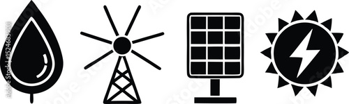 Renewable Energy Sources Water Wind Solar and Geothermal Power Icons