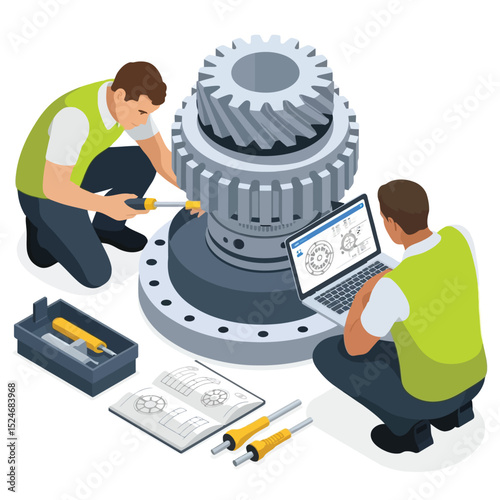 Isometric illustration of two mechanics inspecting a large gear mechanism with laptop and tools for industrial repair and maintenance procedures