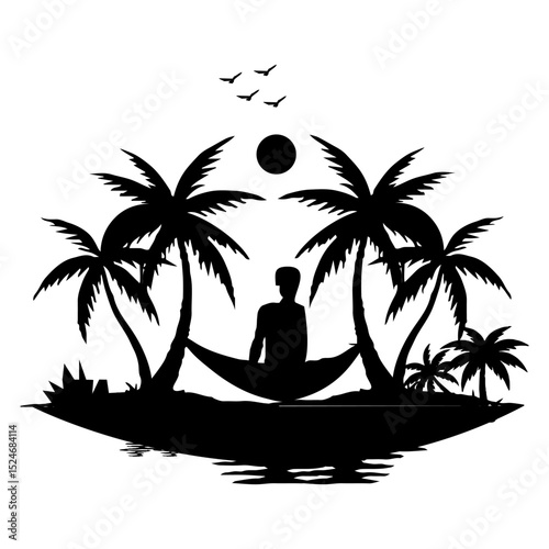 Black silhouette summer art design palm tree surfing man surfboard vector set graphic white background