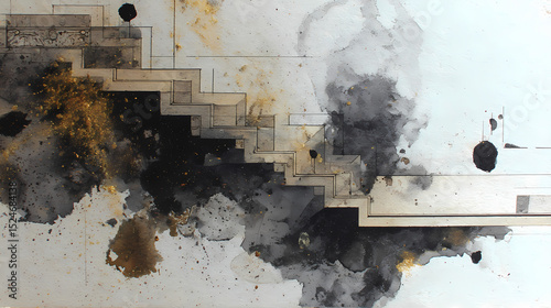 jazz album art with abstract tone | visual monologue form | analog shadow overlay | charcoal and gold residue | recurring stairwell | ritual vessel | phonetic debris | visual sediment | advertising