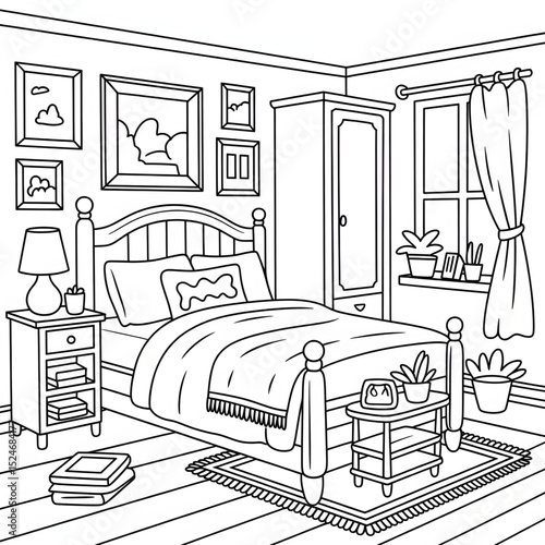 sketch of bedroom line drawing coloring page