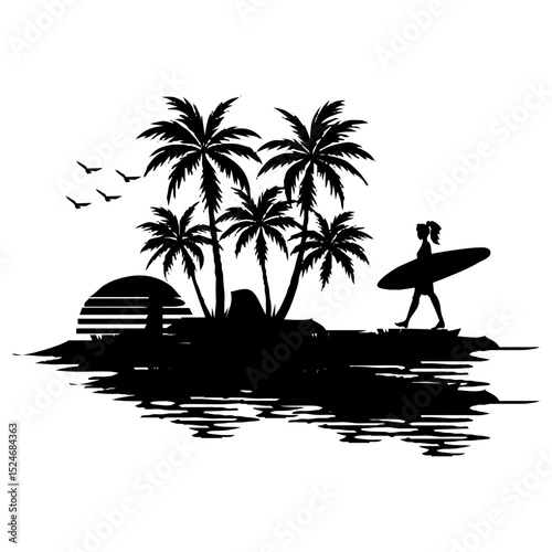 Black silhouette summer art design palm tree surfing man surfboard vector set graphic white background