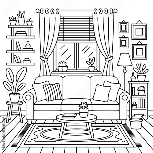 Coloring Page of Cozy Living Room with sofa