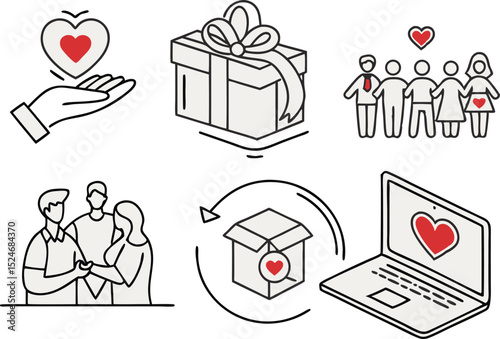 Charity and Love Line Art Icons for Giving Family and Online Donations