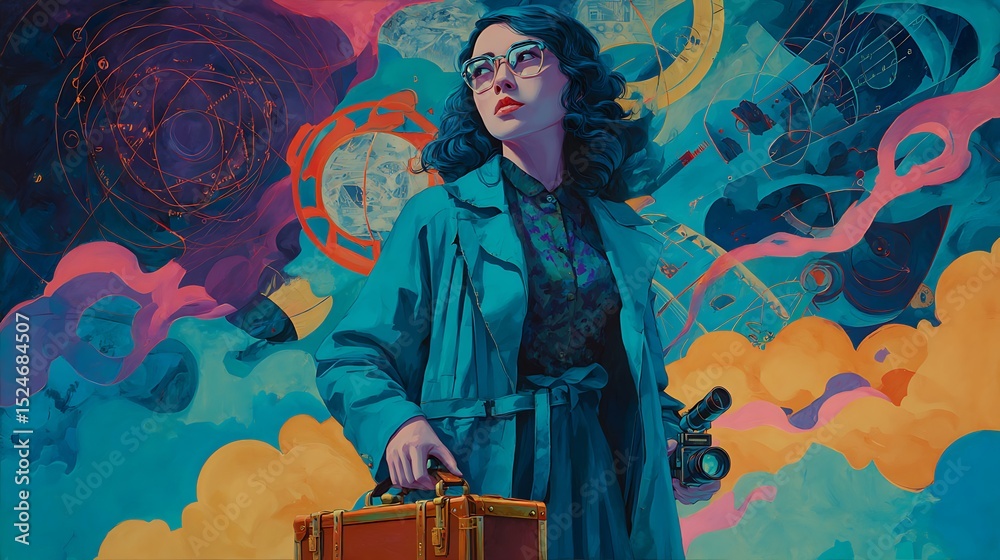 Fototapeta premium Woman in teal coat holding a camera and suitcase against a vibrant backdrop.