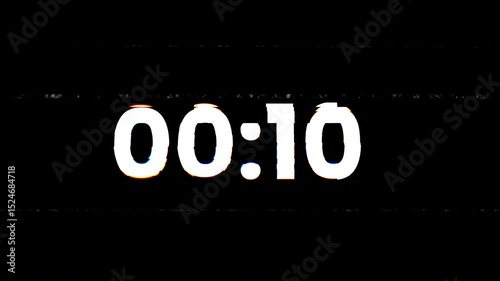 15 second countdown timer animation with glitch. on black background. 4K Video