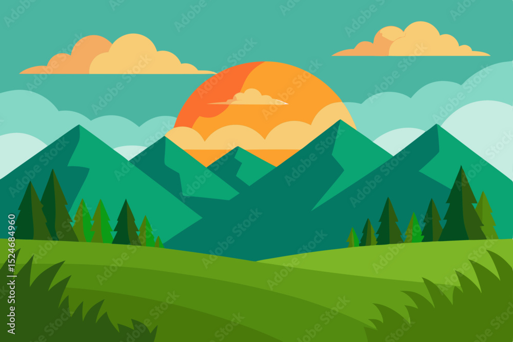 Fototapeta premium Vector illustration of a summer mountain landscape with green grass, trees, and a blue sky with clouds