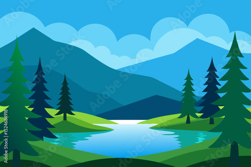 Winter nature landscape with snow-covered mountains and green pine trees