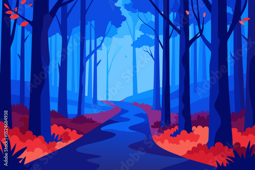 Autumn park landscape at night with colorful forest trees and city silhouette