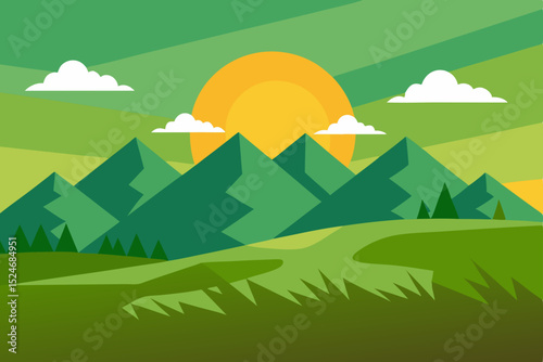 Nature's summer mountain landscape with green trees, grass, and a clear sky, illustrating a serene countryside village road