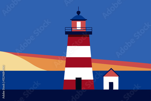 White lighthouse tower stands as a beacon of safety on the rugged Maine coast, guiding navigation under a blue sky