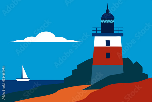 White lighthouse tower stands on a Nova Scotia island, guiding navigation across the vast ocean landscape under the sky
