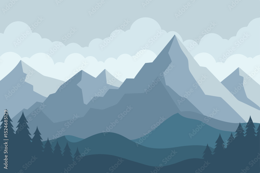 Naklejka premium Misty blue mountain landscape with silhouetted peaks and a sky full of clouds at sunrise