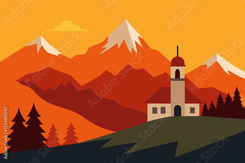 Vector illustration of a tranquil mountain village landscape at sunrise, with a church nestled among the misty hills and a clear sky above