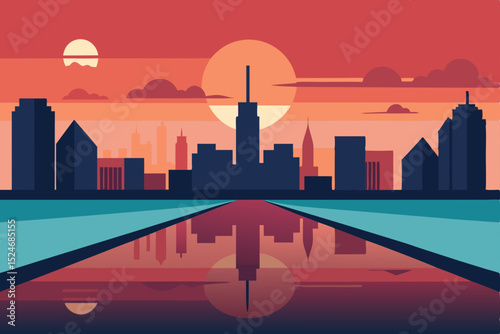 Seattle cityscape silhouette at sunset with urban buildings and skyscrapers, an illustrated panoramic skyline