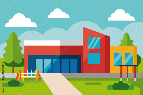 Cartoon vector illustration of a house in a summer park landscape with trees, grass, clouds, and sky