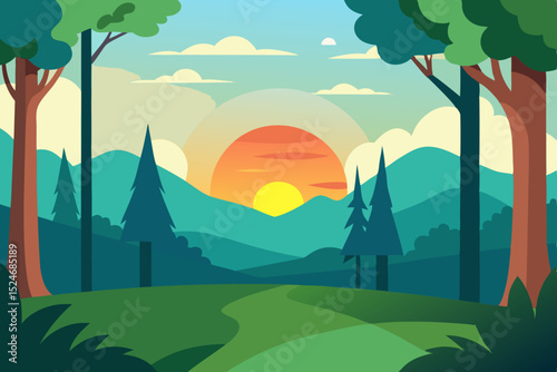 Summer green nature landscape with trees, mountains, and a clear sky, illustrating a serene countryside road leading through fields and hills