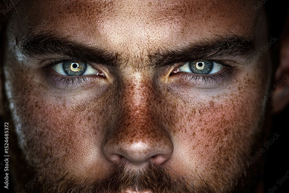 Obraz premium Close-up of intense blue eyes with dilated pupils on a freckled, bearded male face showing strong focus and determination