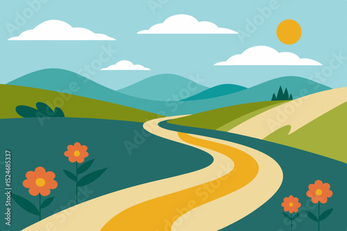 Summer landscape with a winding road through green fields and hills under a blue sky