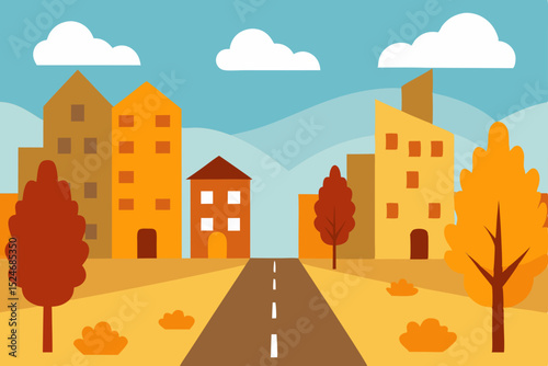 An urban street scene with cartoon houses and autumn trees, illustrating a charming city landscape