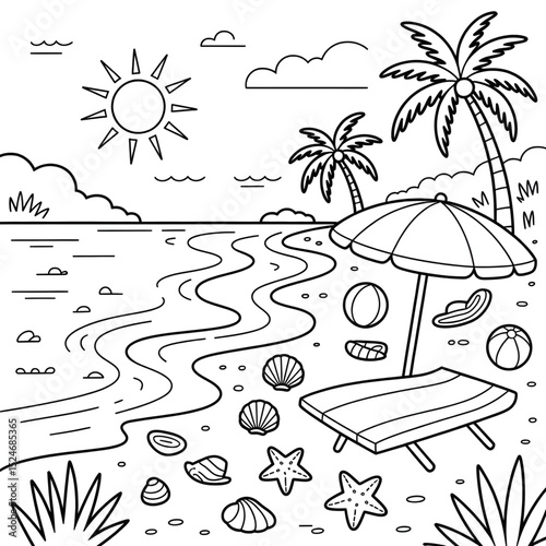 summer beach vector illustration coloring page