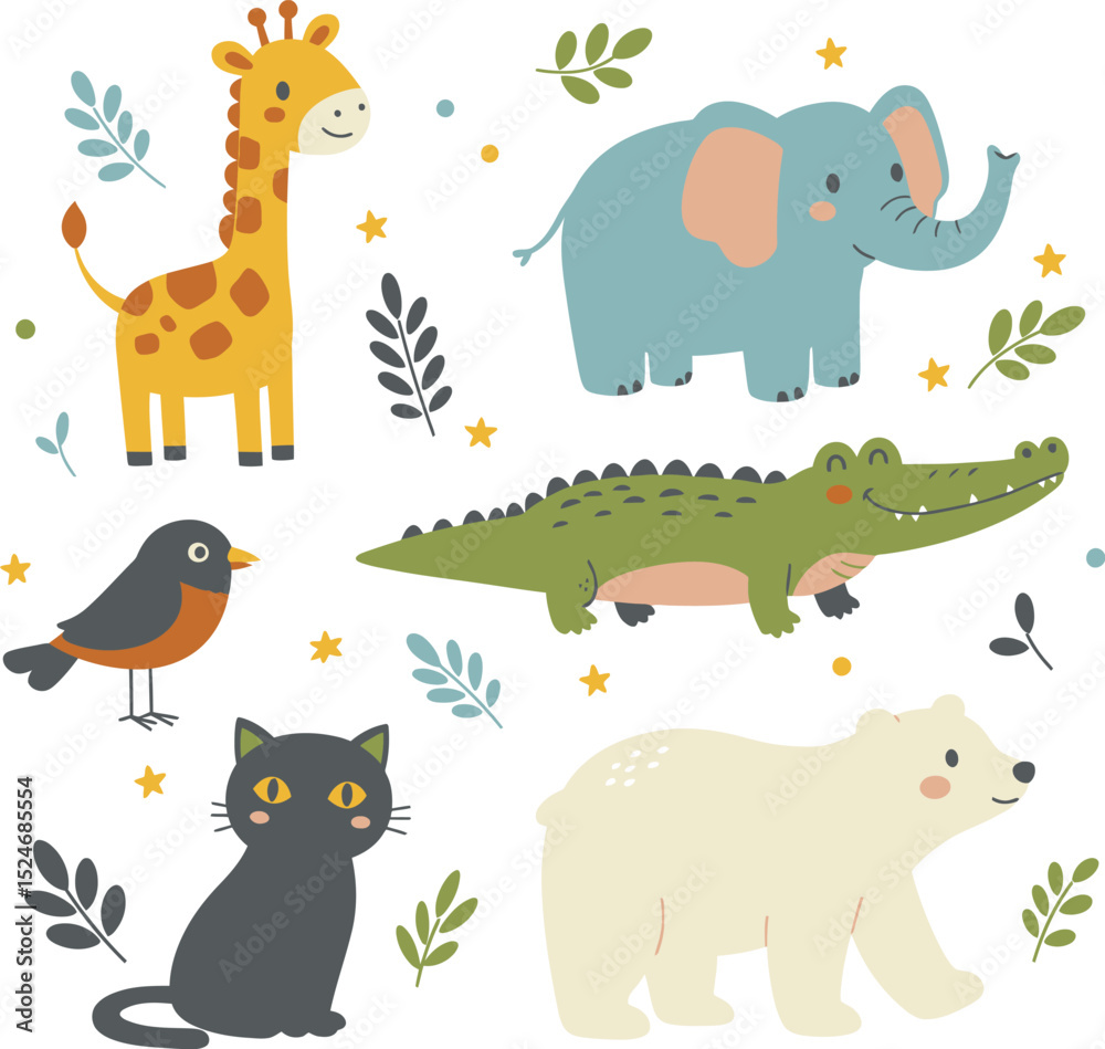 Fototapeta premium A funny set of cute baby wild animals, including elephant, giraffe, cat, crocodile, bird, and polar bear, as a vector cartoon illustrations