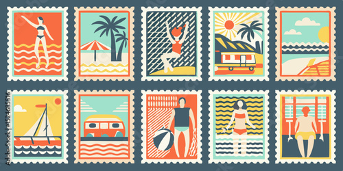 A collection of ten stylized postage stamps featuring various summer and beach themed scenes with a retro and colorful aesthetic design