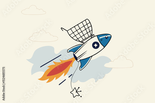 Boost sales and increase profit, achieve sales target or develop business growth, inflation and price concept, shopping cart or trolley on fast rocket booster flying hight in the sky.
