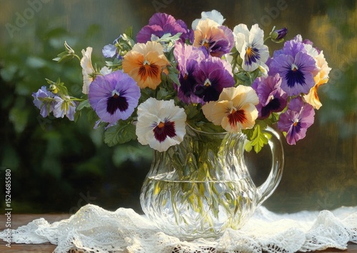 A crystal pitcher filled with colorful pansy flowers in shades of purple, white, and orange placed on a lace cloth on a wooden surface with a blurred green background