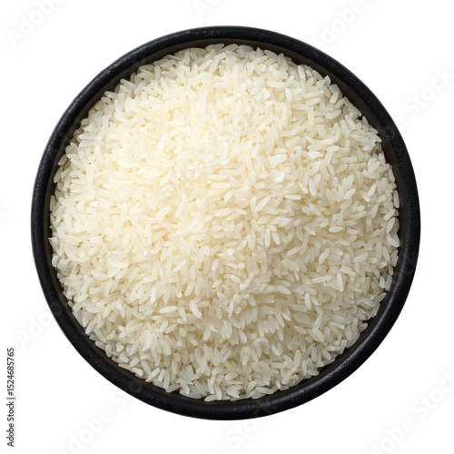  White long rice in a black bowl on transparent background top view