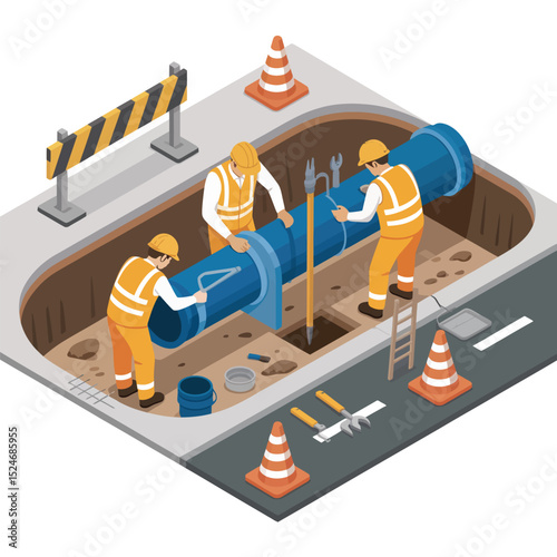 Isometric view of construction workers repairing a water pipeline in an excavated area with safety equipment and tools