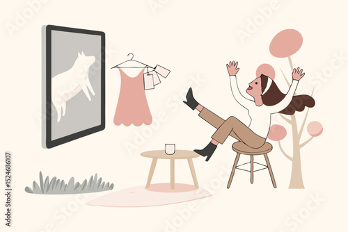 Online e-commerce make customers to quickly buy products, attract shoppers, online stores make shopping experience quick, pleasant, and easy, excited woman got dress delivery from online shop at home.